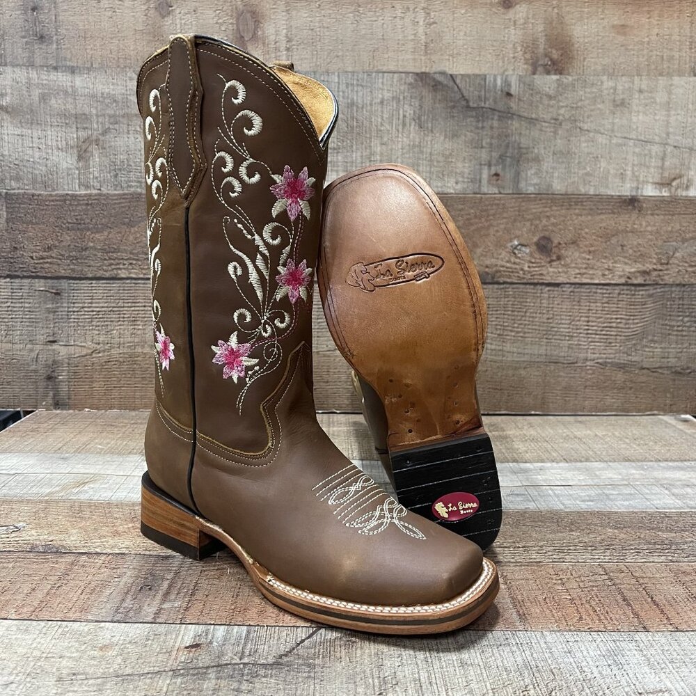 Woman's Western Cowgirl Rodeo Genuine Leather Tang with Pink Flowers Boots